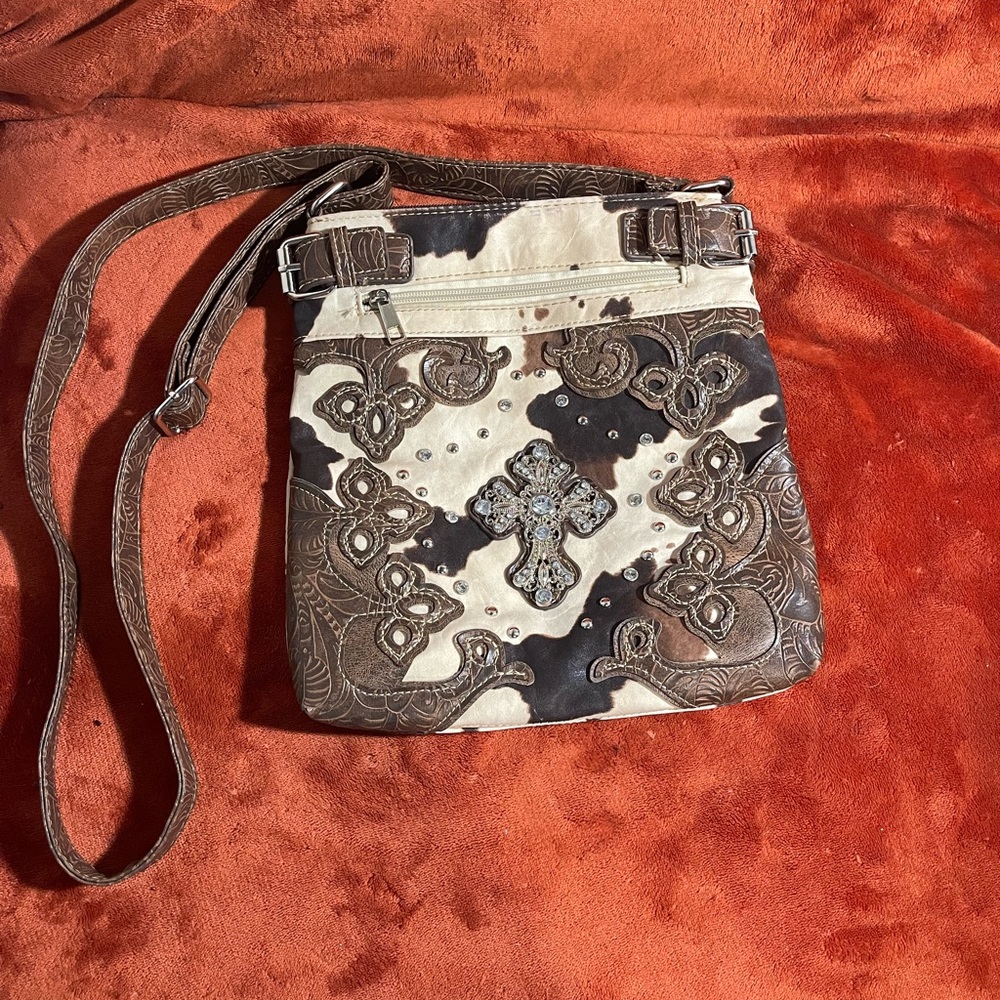Cow Print Purse with Bling and Leather Detail